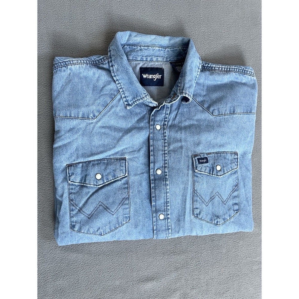 Wrangler Shirt Mens 2XL Blue Chambray Western Pearl Snap Long Sleeve